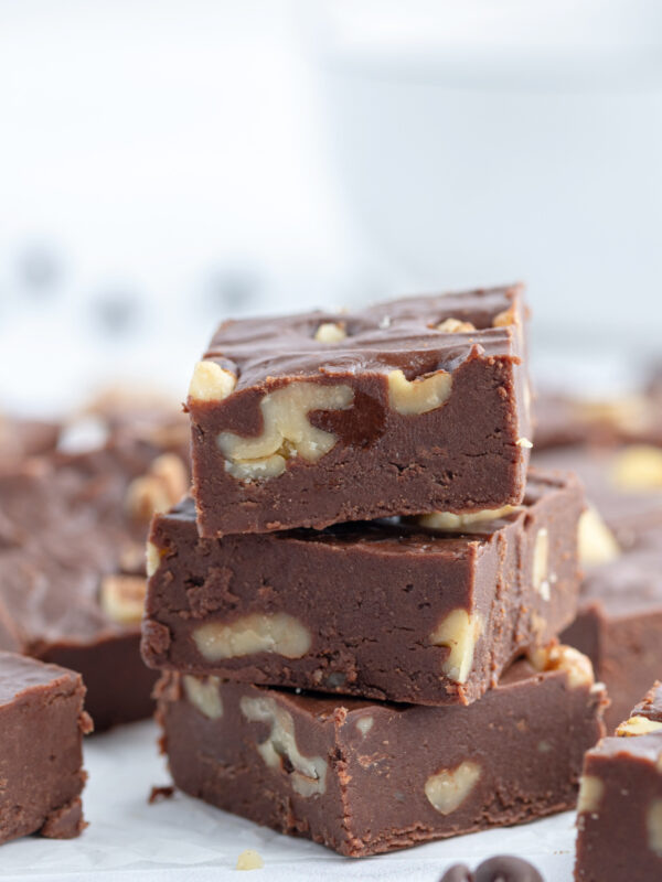 three pieces of fudge stacked