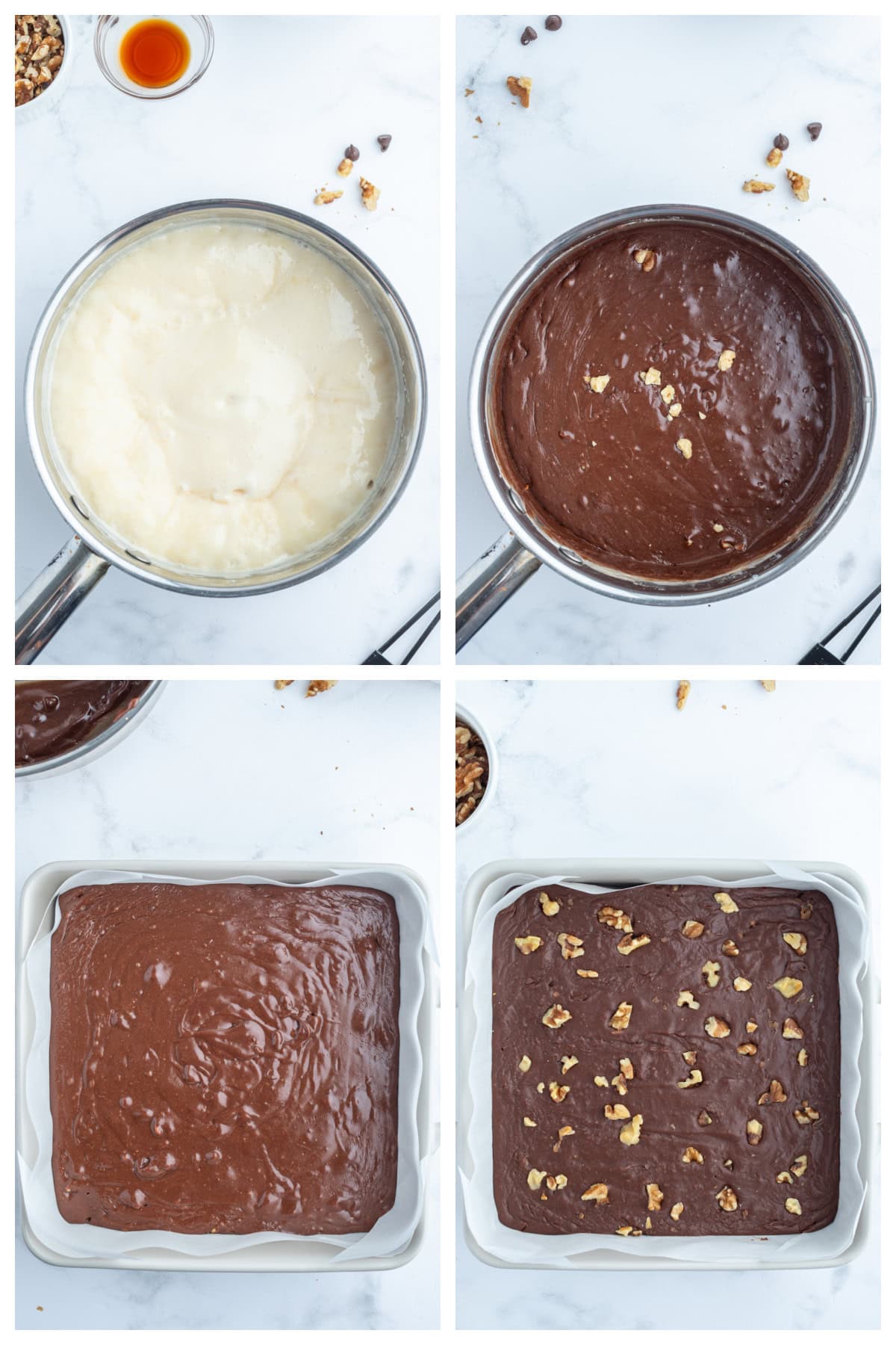 four photos showing how to make creamy chocolate walnut fudge