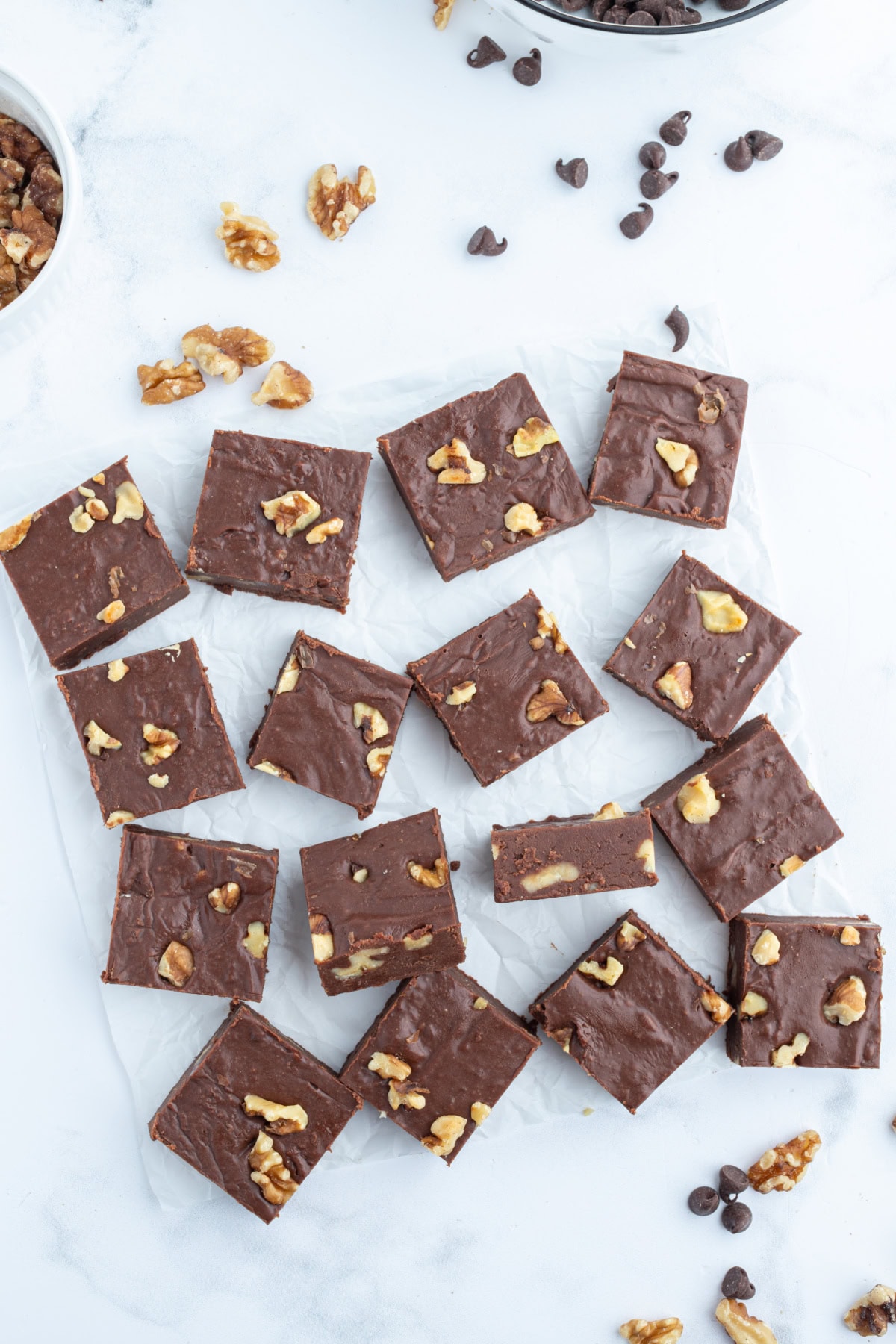 creamy chocolate walnut fudge cut into pieces