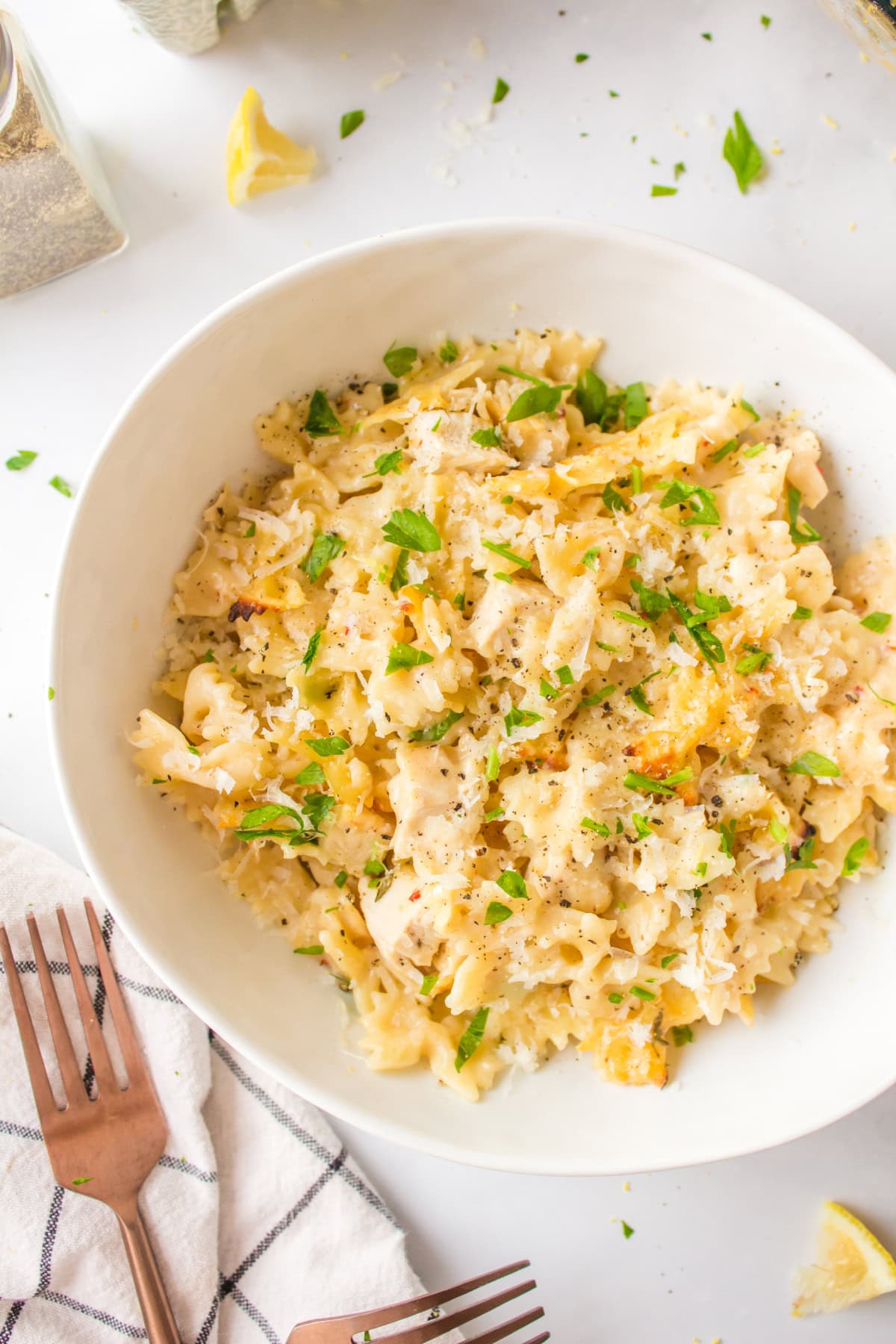 serving of creamy lemon chicken pasta in bowl