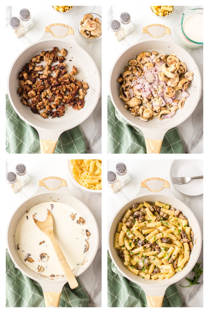 four photos showing how to make creamy sausage mushroom rigatoni