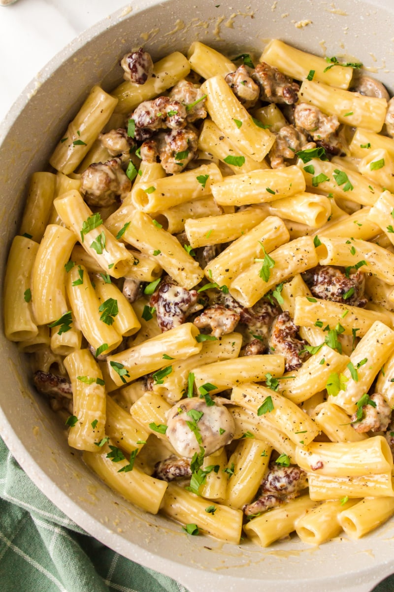 creamy sausage mushroom rigatoni in a pot