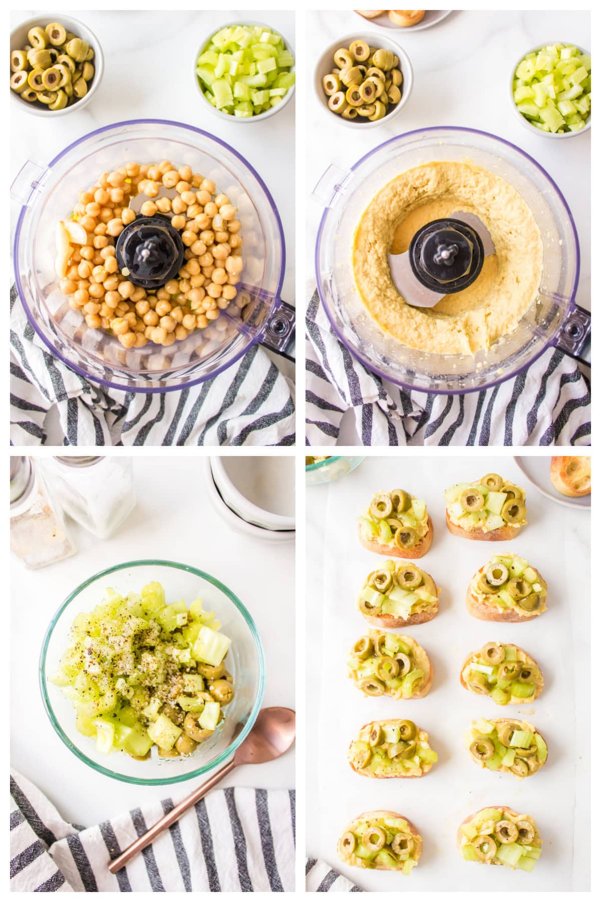 four photos showing how to make greek crostini