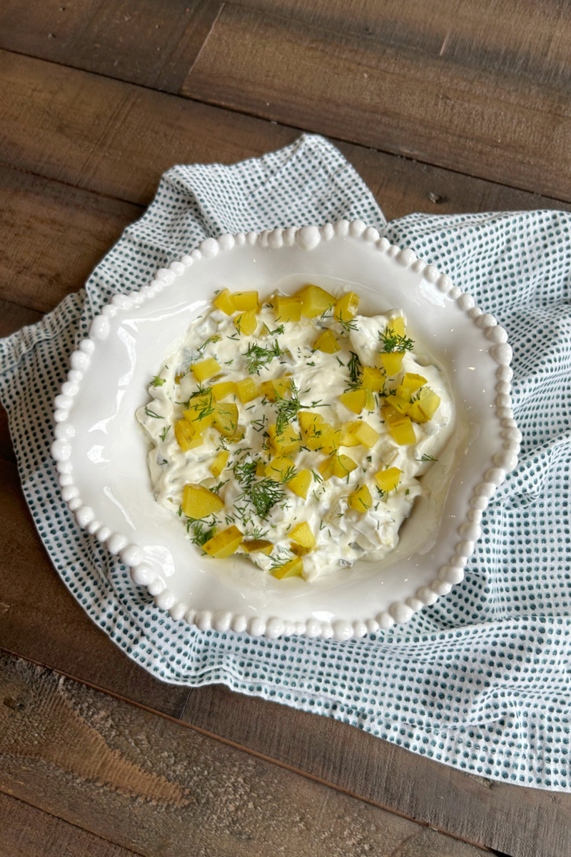 overhead shot of bowl of dill pickle dip