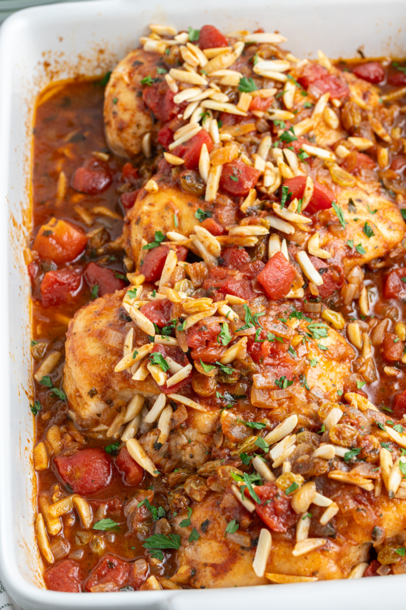 drunken chicken in casserole dish