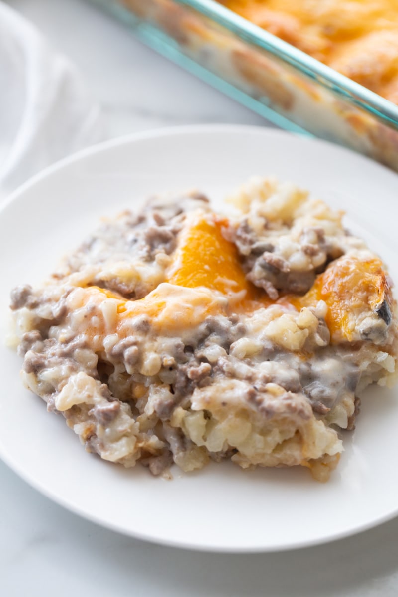 serving of tater tot casserole on a white plate