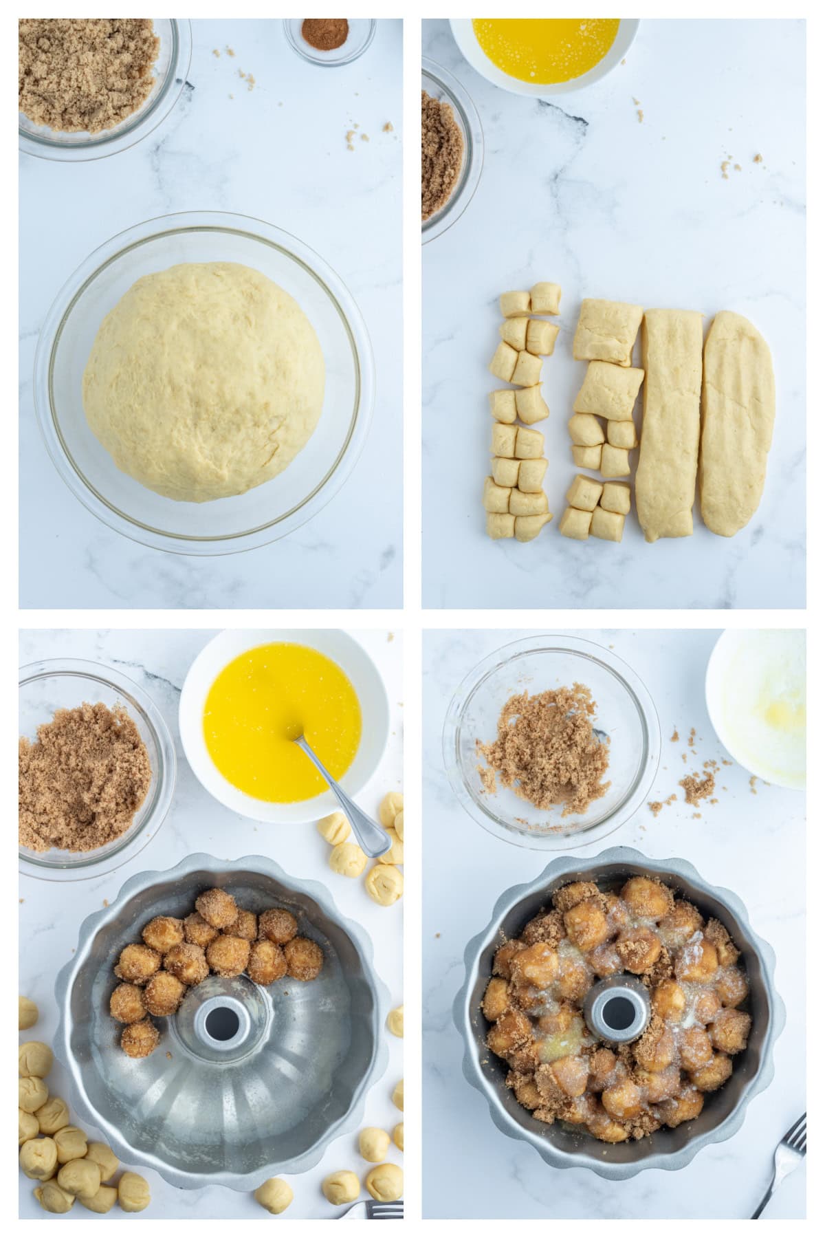 four photos showing how to make eggnog monkey bread