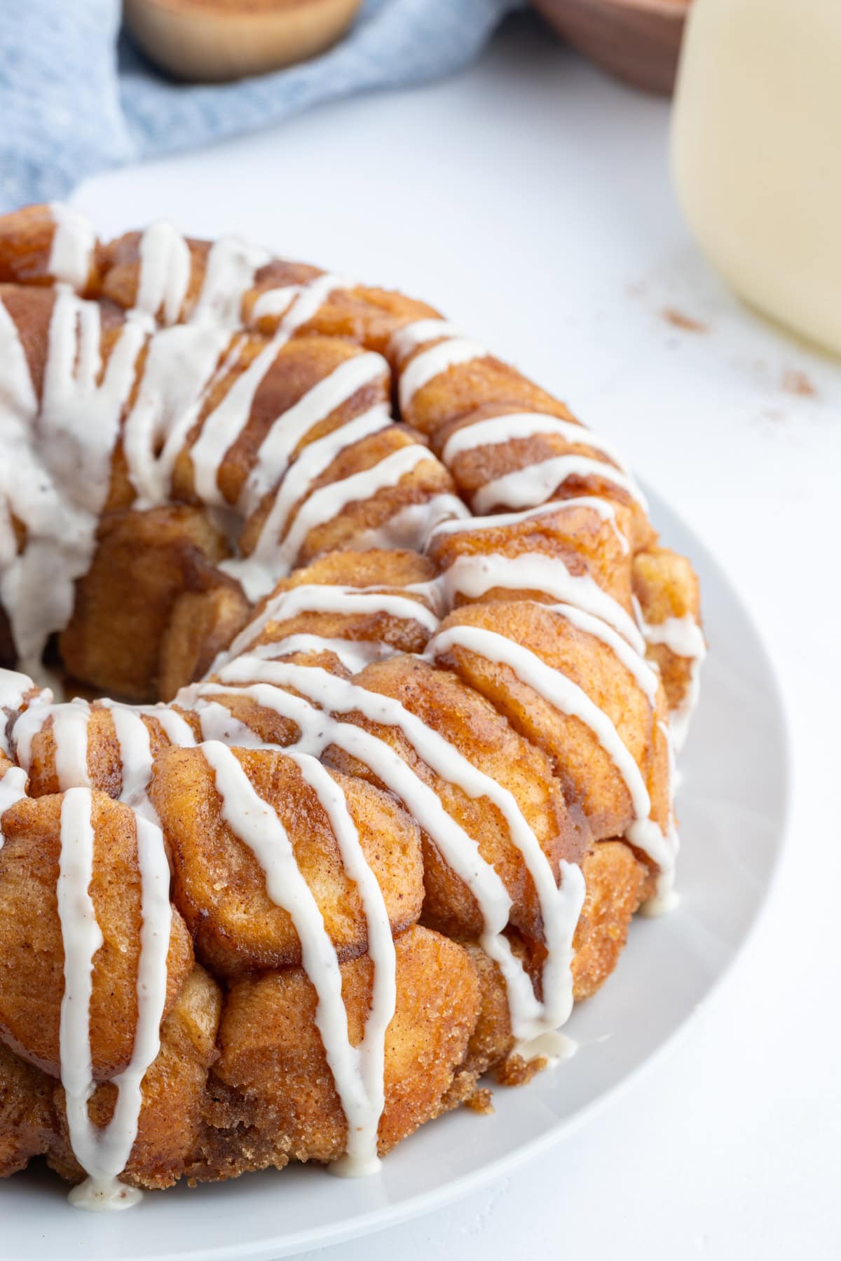 half view of eggnog monkey bread on plate