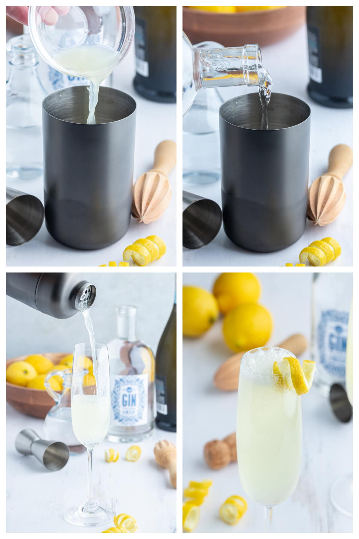 four photos showing how to make a french 75