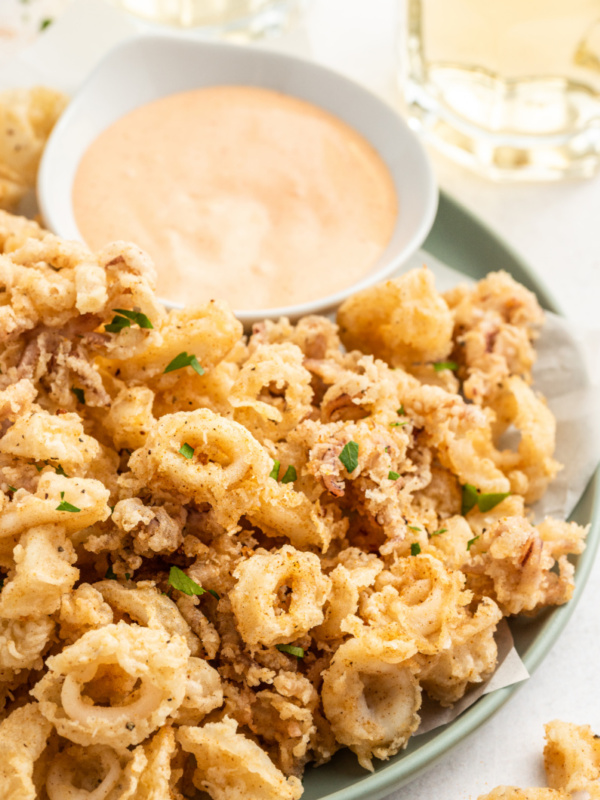 fried calamari on platter with bowl of dipping sauce