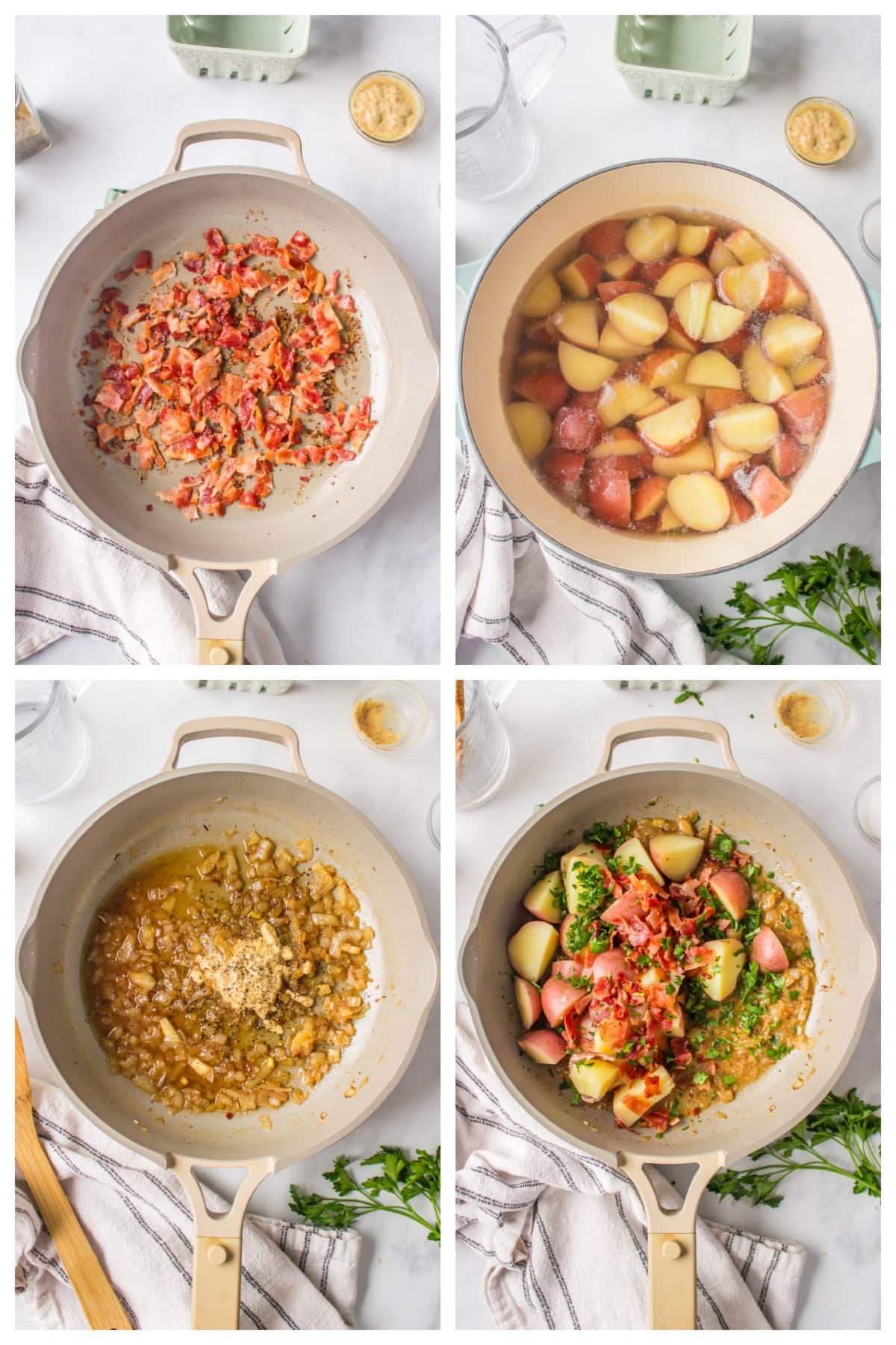 four photos showing how to make german potato salad