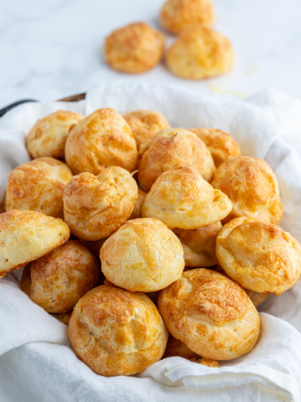 gougeres in cloth lined basket