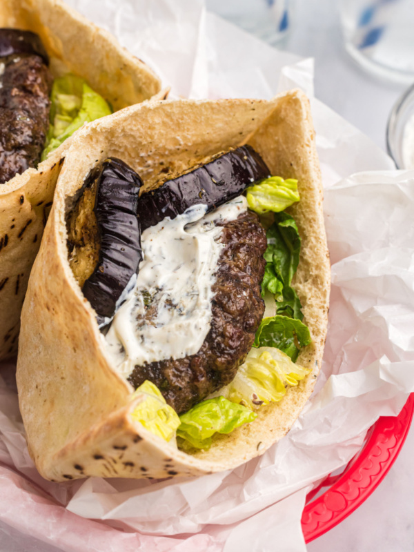 greek inspired burger in pita