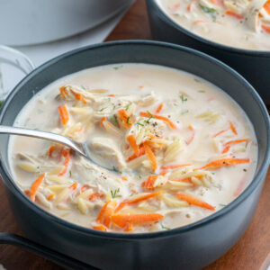 bowl of greek orzo and chicken soup