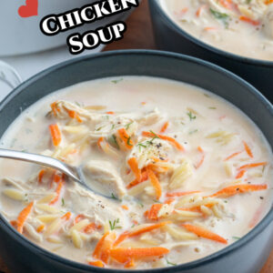 pinterest image for greek orzo and chicken soup