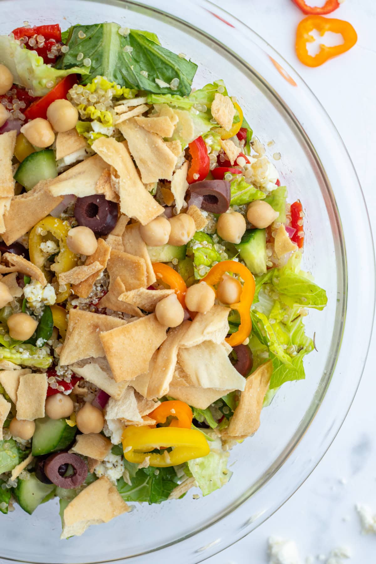 overhead shot of greek quinoa chopped salad