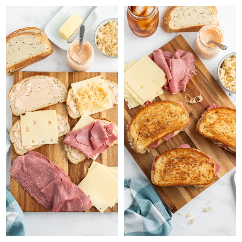 two photos showing process of making a reuben sandwich