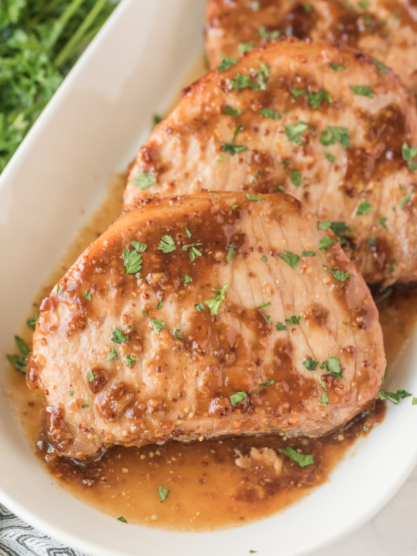 hoisin and honey glazed pork chops on serving platter