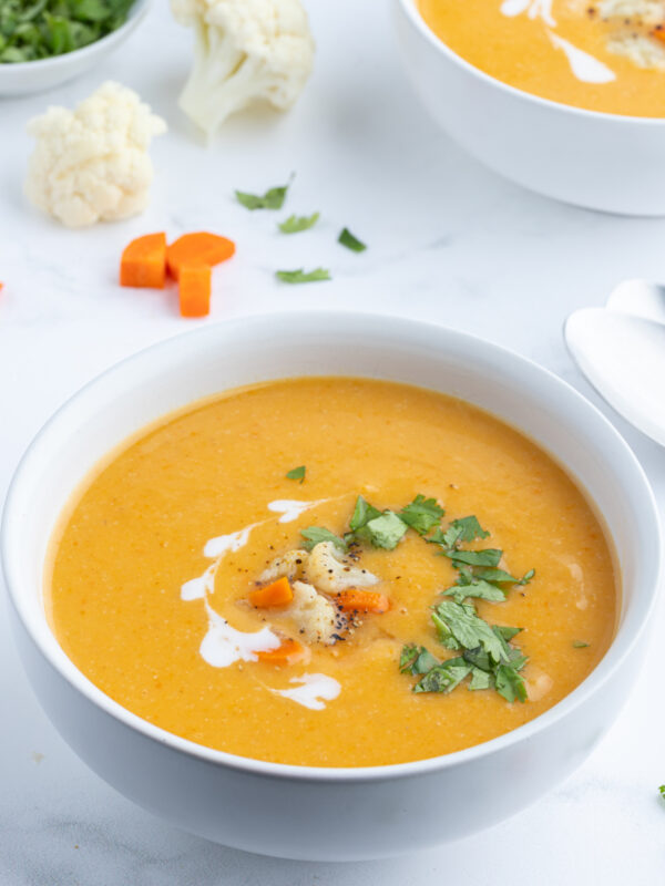 bowl of instant pot cauliflower and sweet potato soup