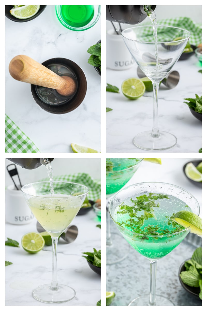 four photos showing how to make an irish mojito