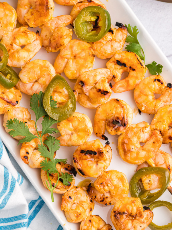 jalapeno lime shrimp skewers on a platter