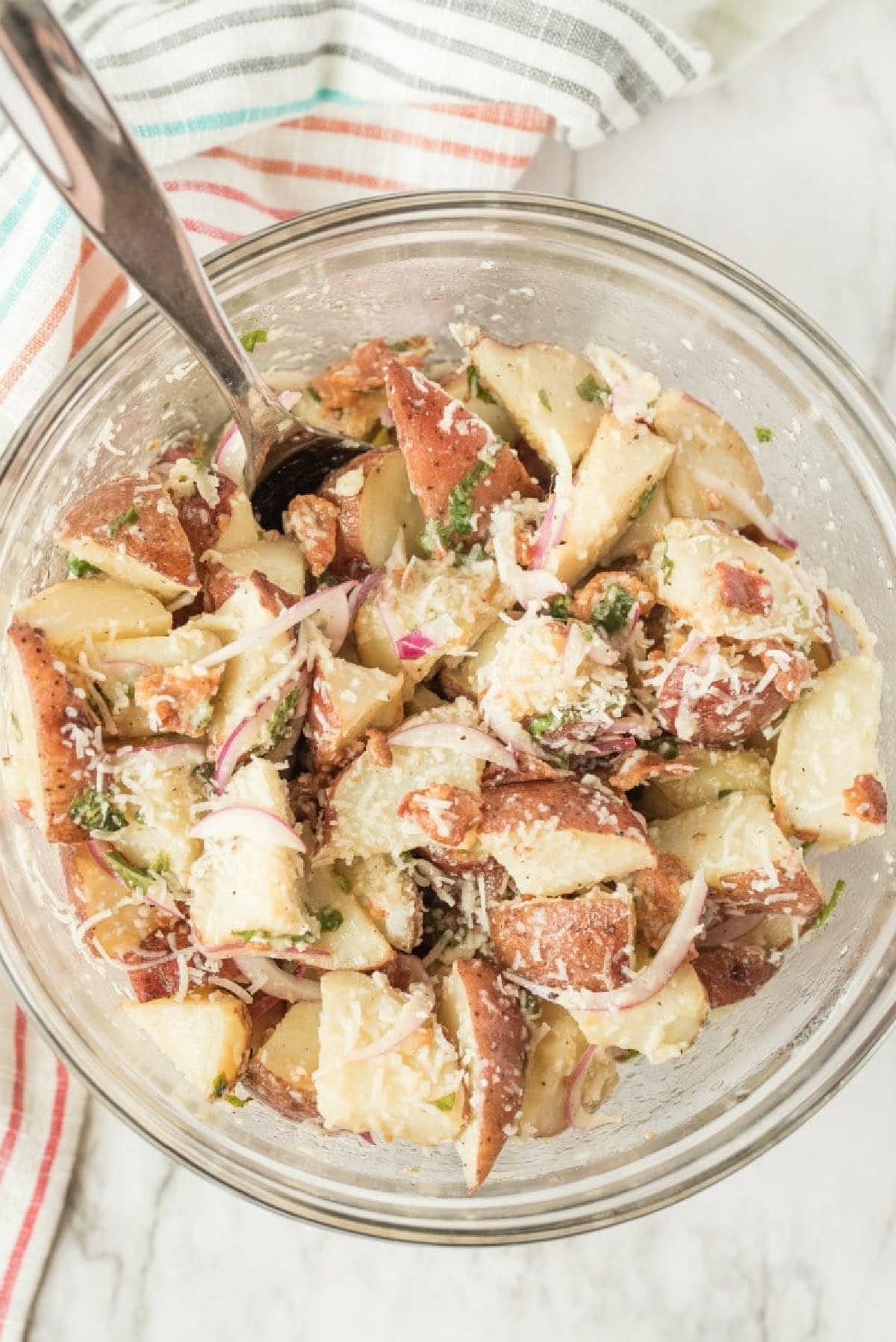 bowl of lemon basil roasted potato salad