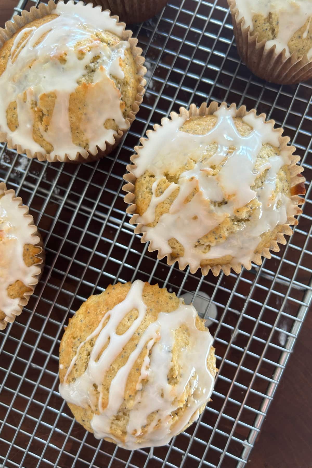 overhead shot of lemon poppy seed muffins on cooling rack