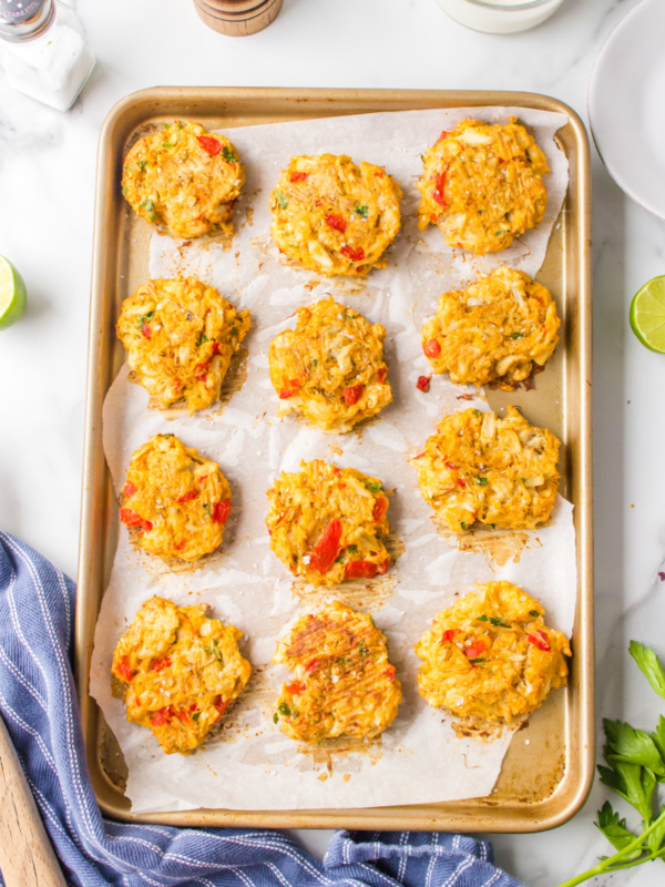 low fat baked crab cakes on baking sheet