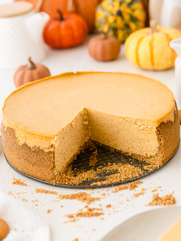 low fat pumpkin cheesecake with a big slice taken out of it