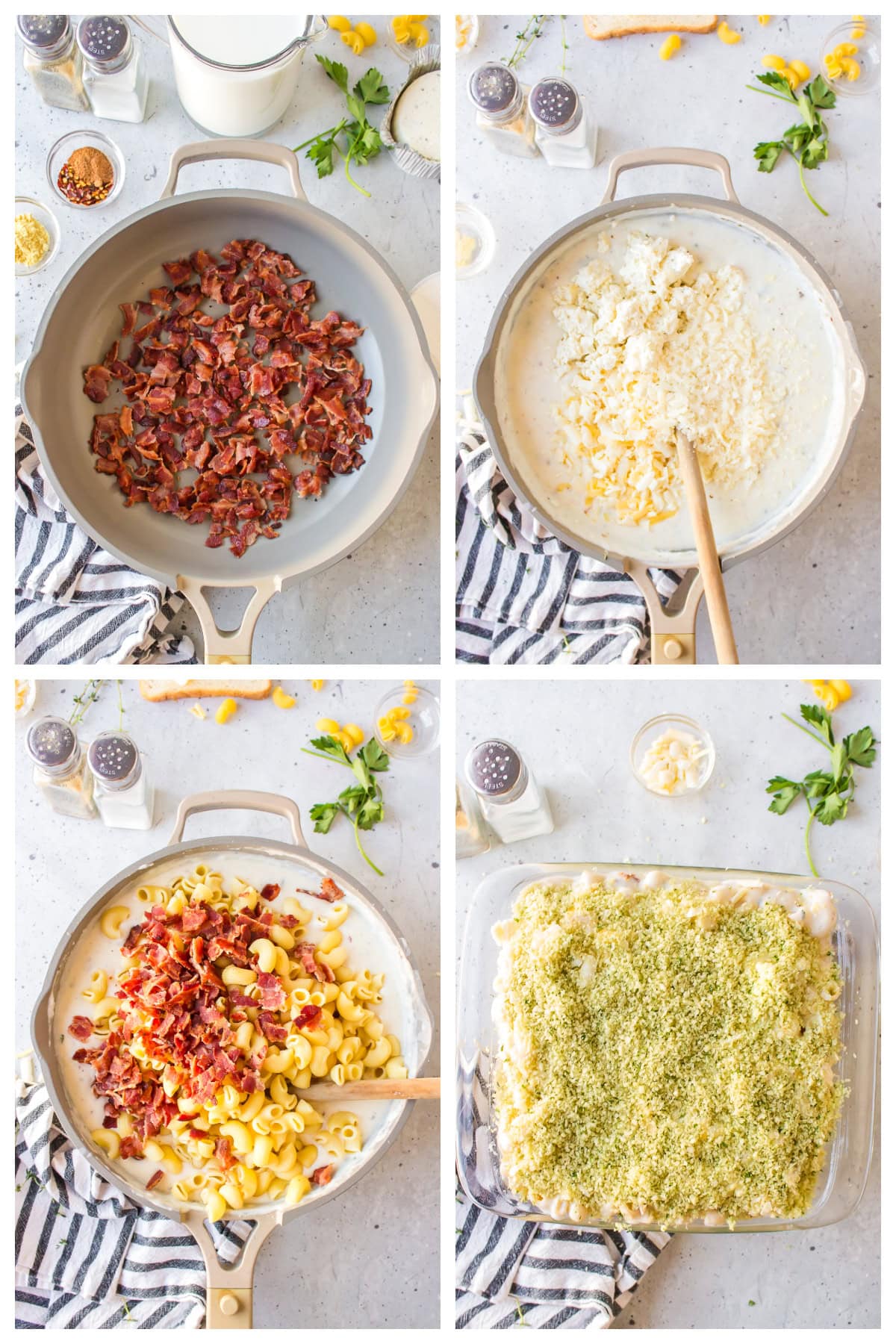 four photos showing how to make bacon macaroni and cheese