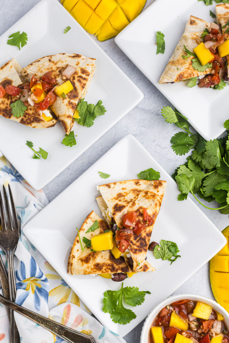 overhead shot of slices of mango quesadilla