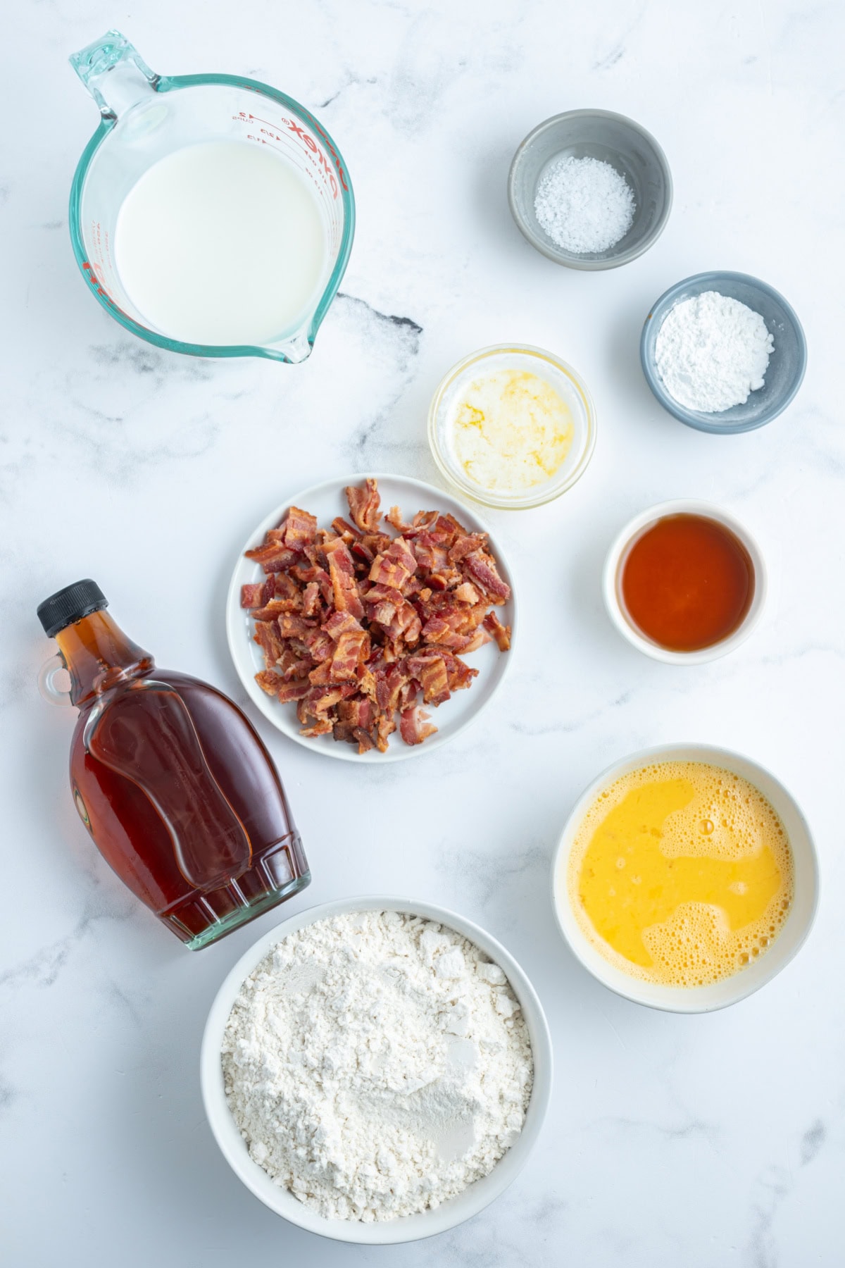 ingredients displayed for making maple bacon waffles