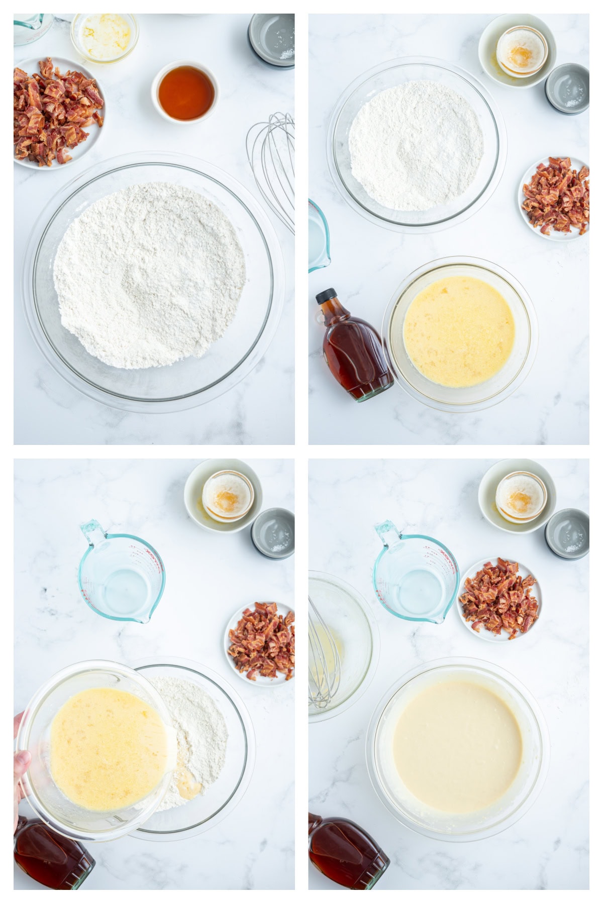 four photos showing how to make maple bacon waffles