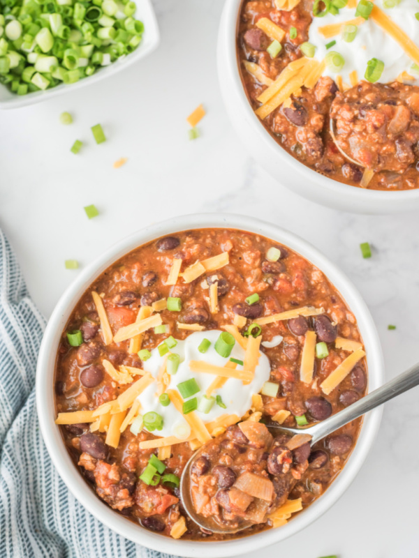 bowl of mexican black bean and sausage chilli