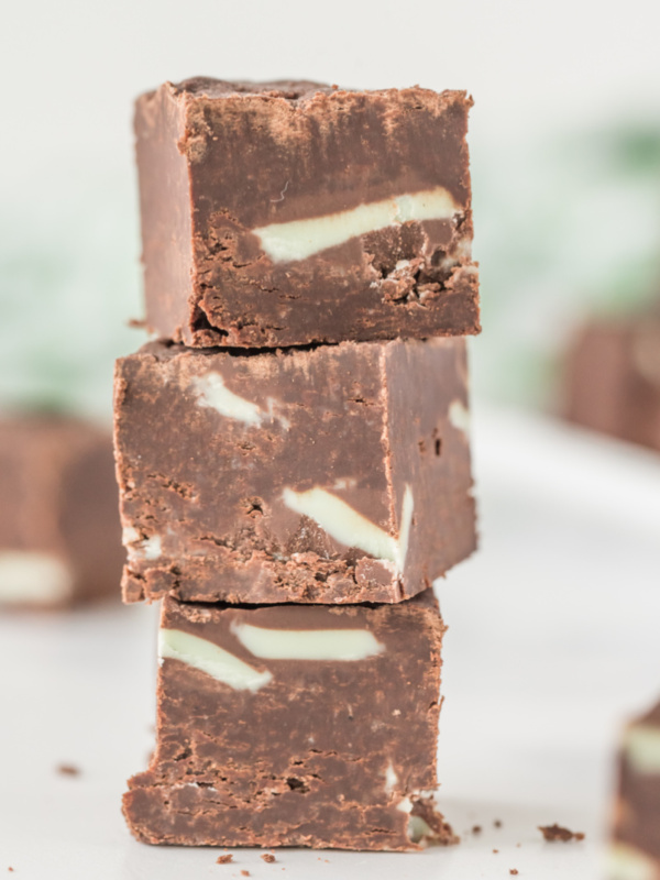 three pieces of mint fudge stacked