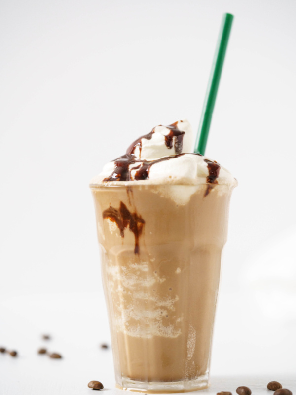 mocha frappuccino starbucks copycat in a glass with straw