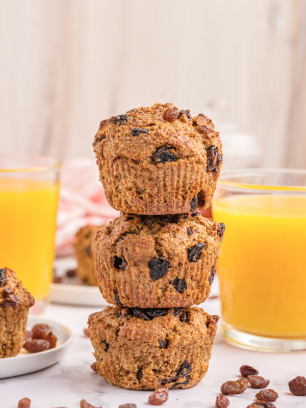 three bran muffins stacked