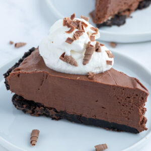 slice of no bake easy chocolate truffle pie on plate