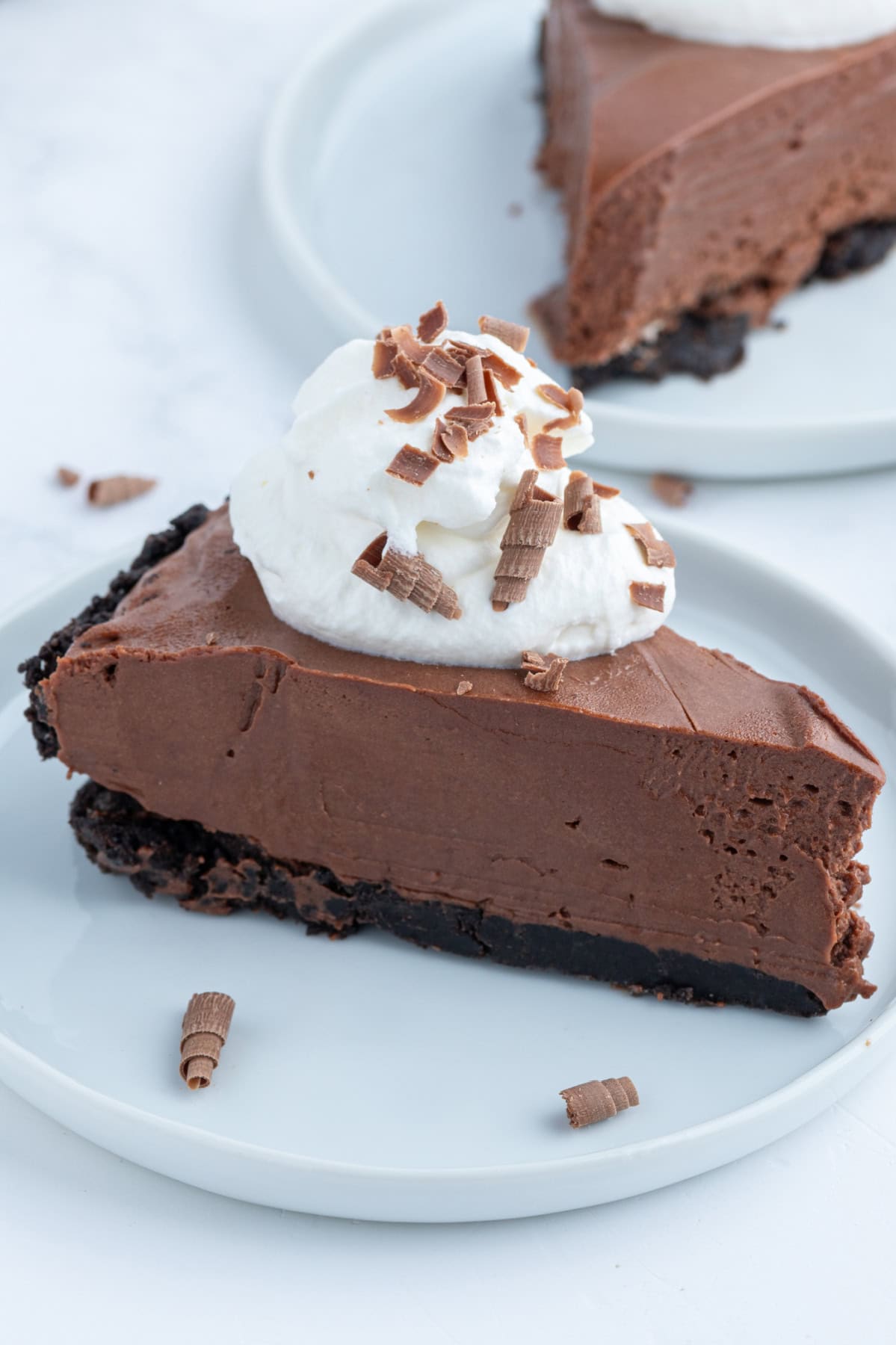 slice of no bake easy chocolate truffle pie on plate