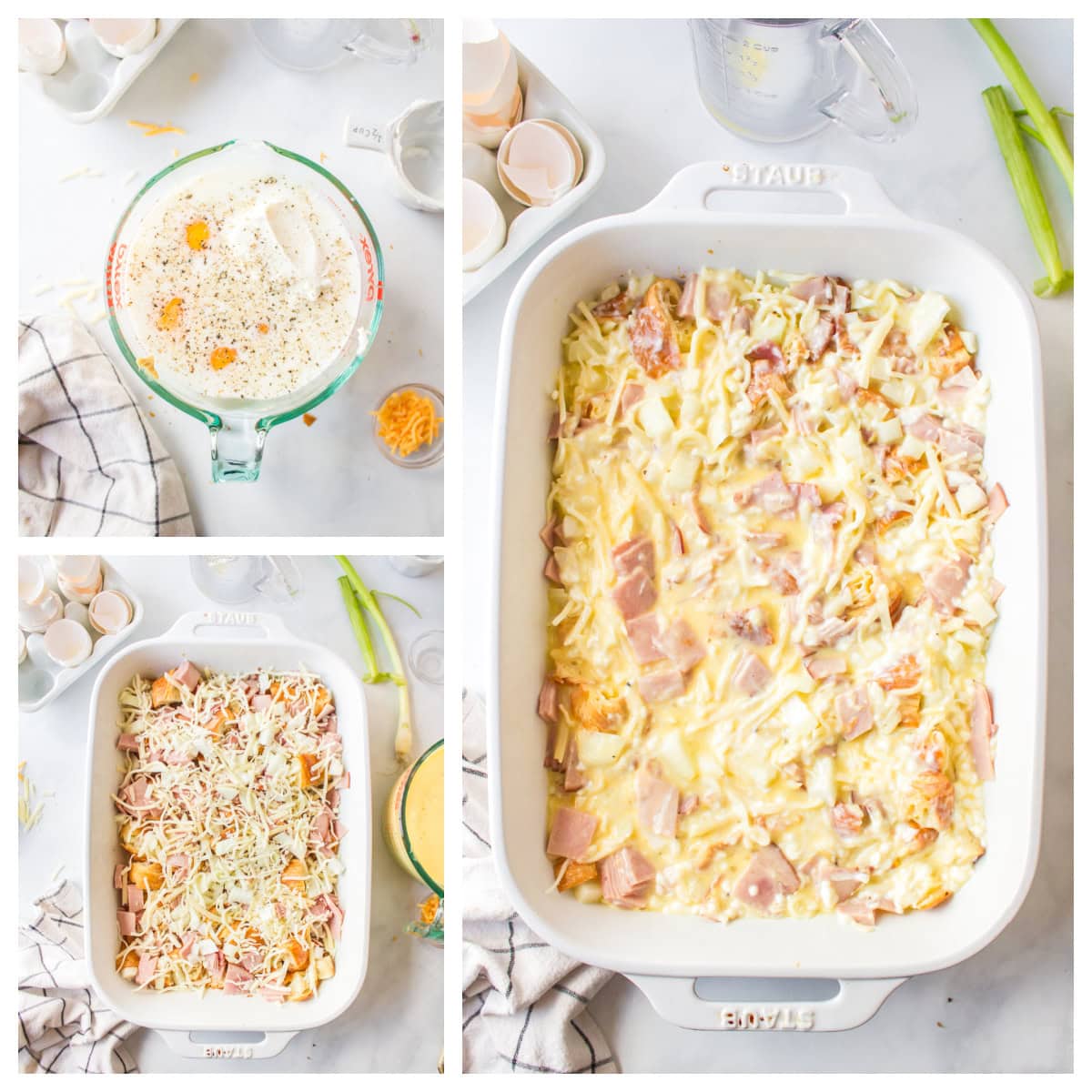 three photos showing you how to make overnight croissant ham and cheese breakfast casserole