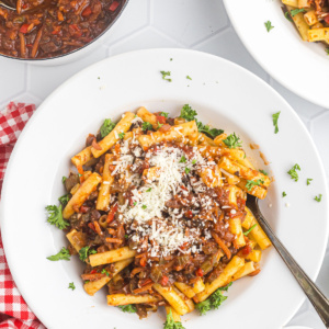 pasta with garden bolognese in a bowl