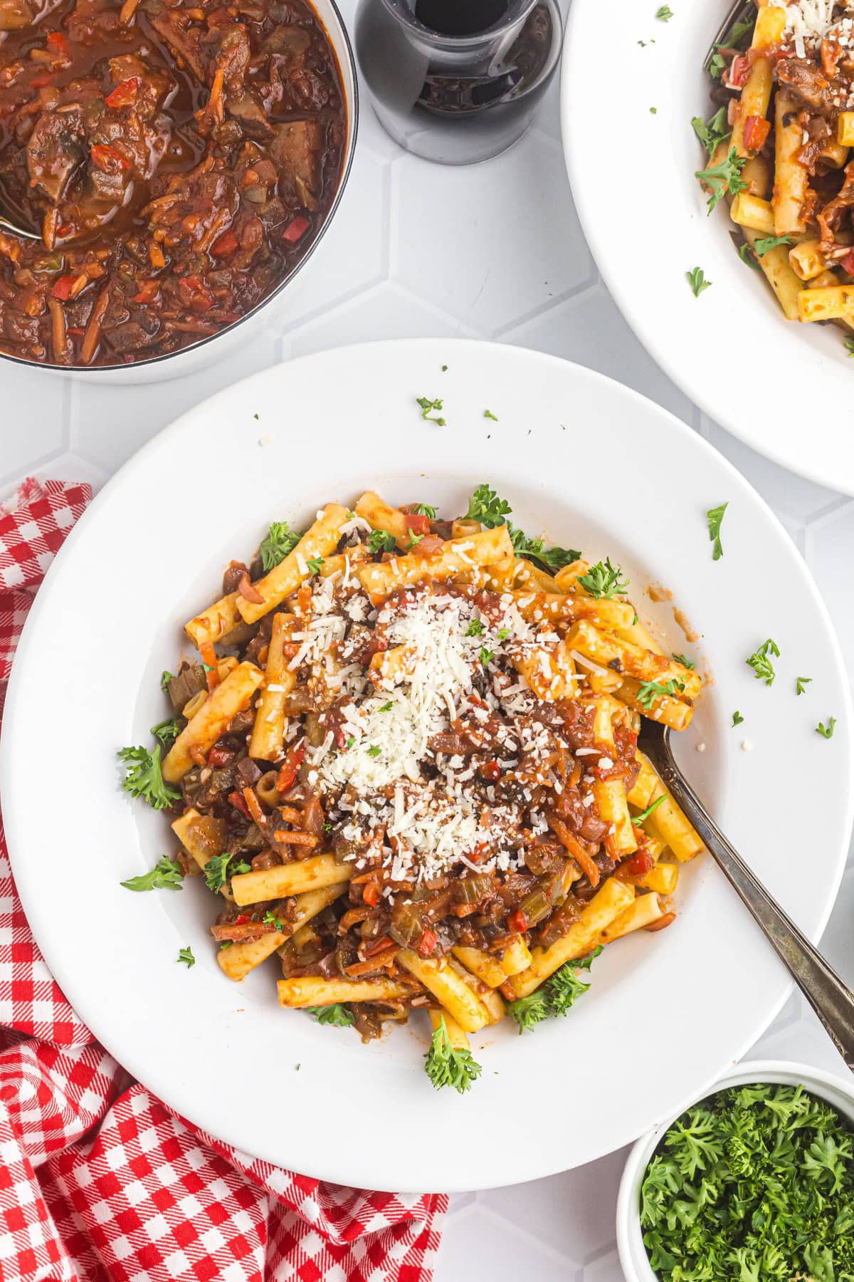 pasta with garden bolognese in a bowl