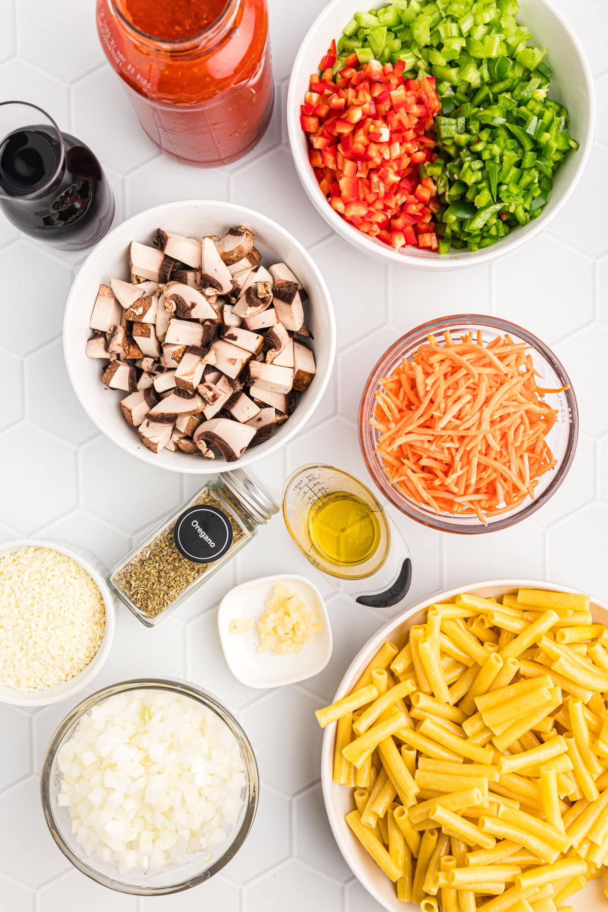 ingredients displayed for making pasta with garden bolognese