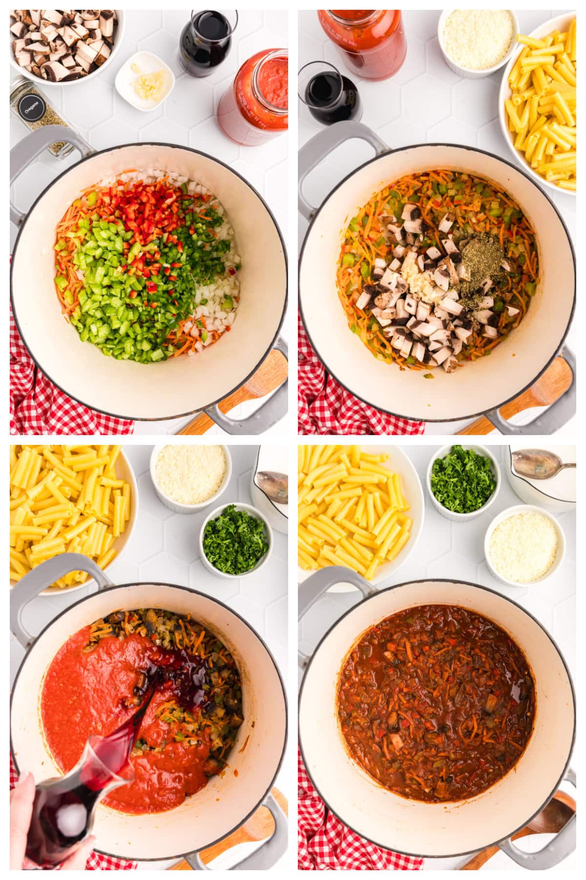 four photos showing how to make pasta with garden bolognese