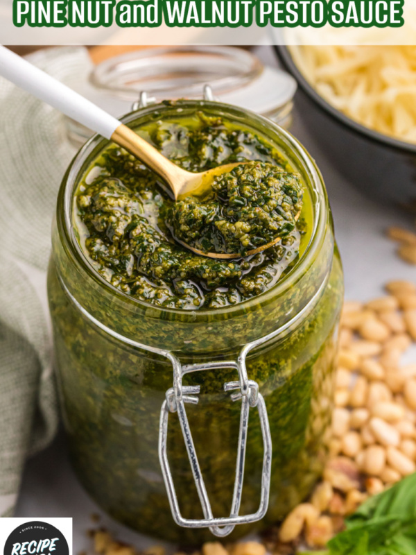 pinterest image for pine nut and walnut pesto sauce