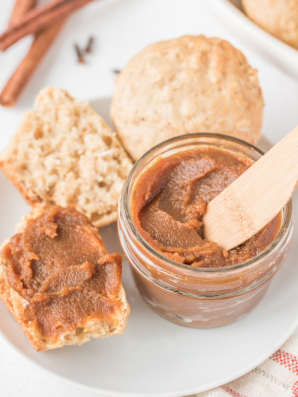 pumpkin butter in jar and on biscuits