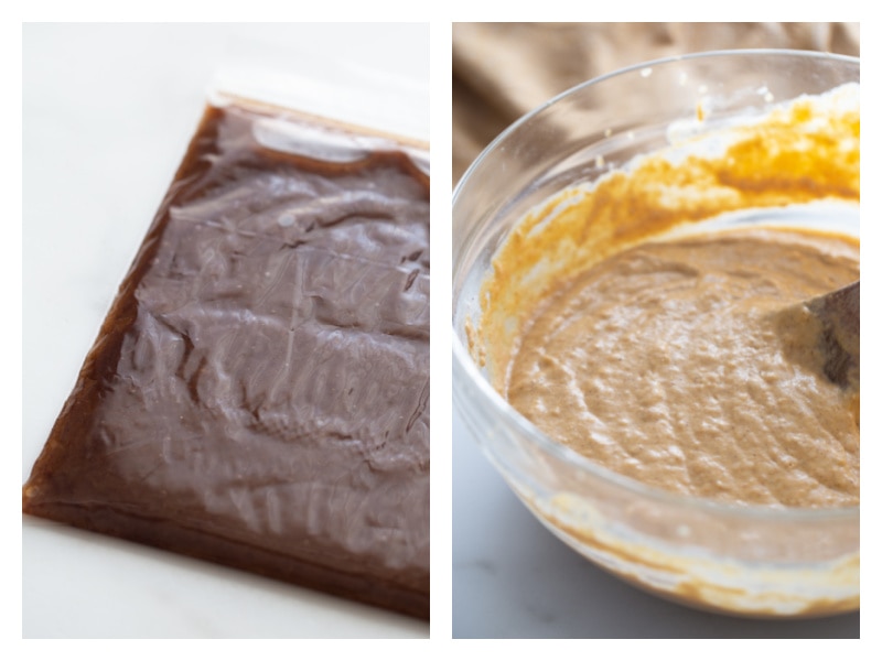 two photos showing cinnamon mixture in bag and pumpkin pancake batter in bowl