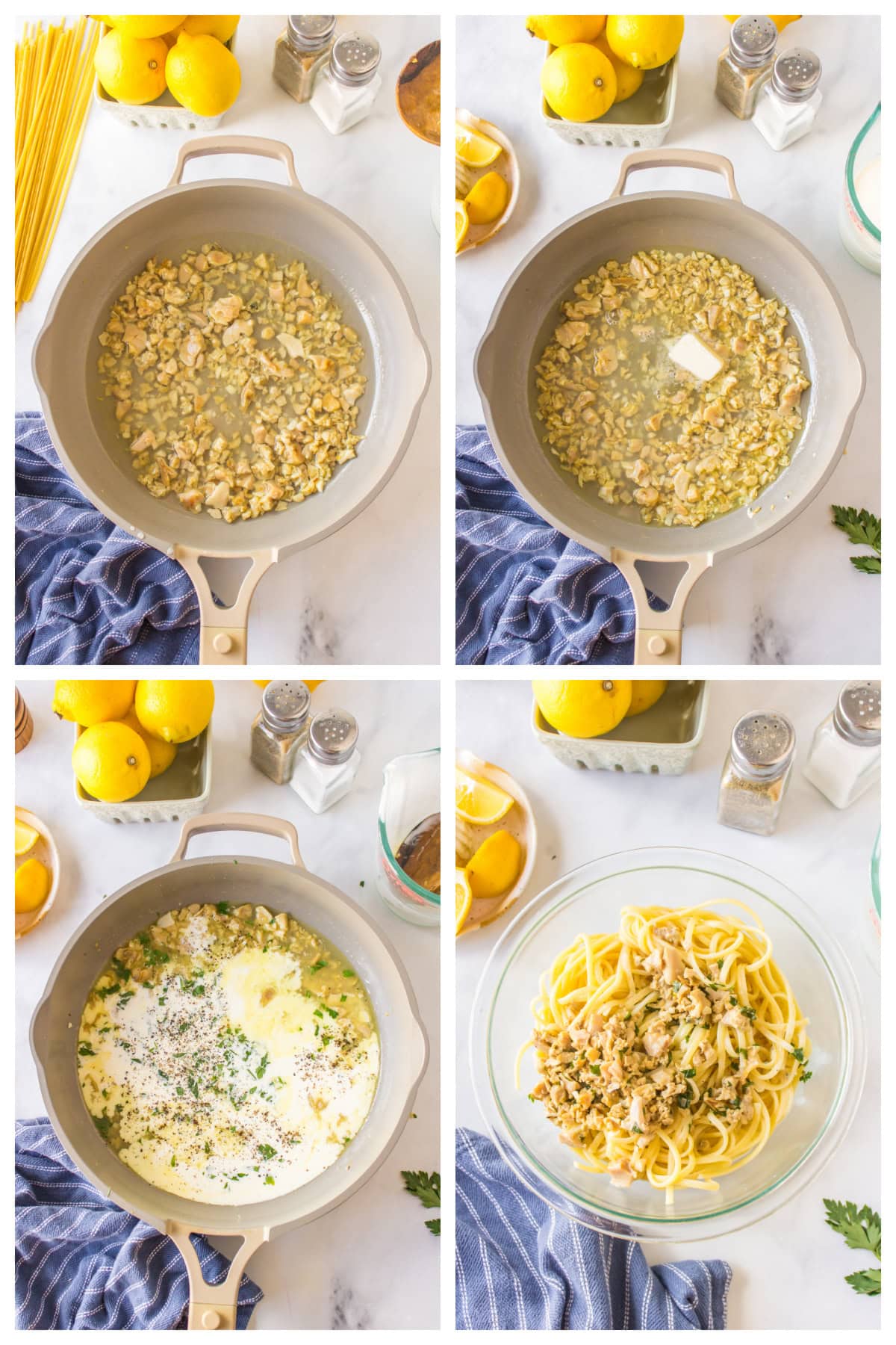 four photos showing how to make pioneer woman's clam linguine