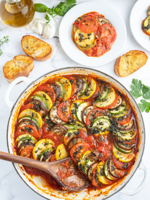 ratatouille being dished out to plates