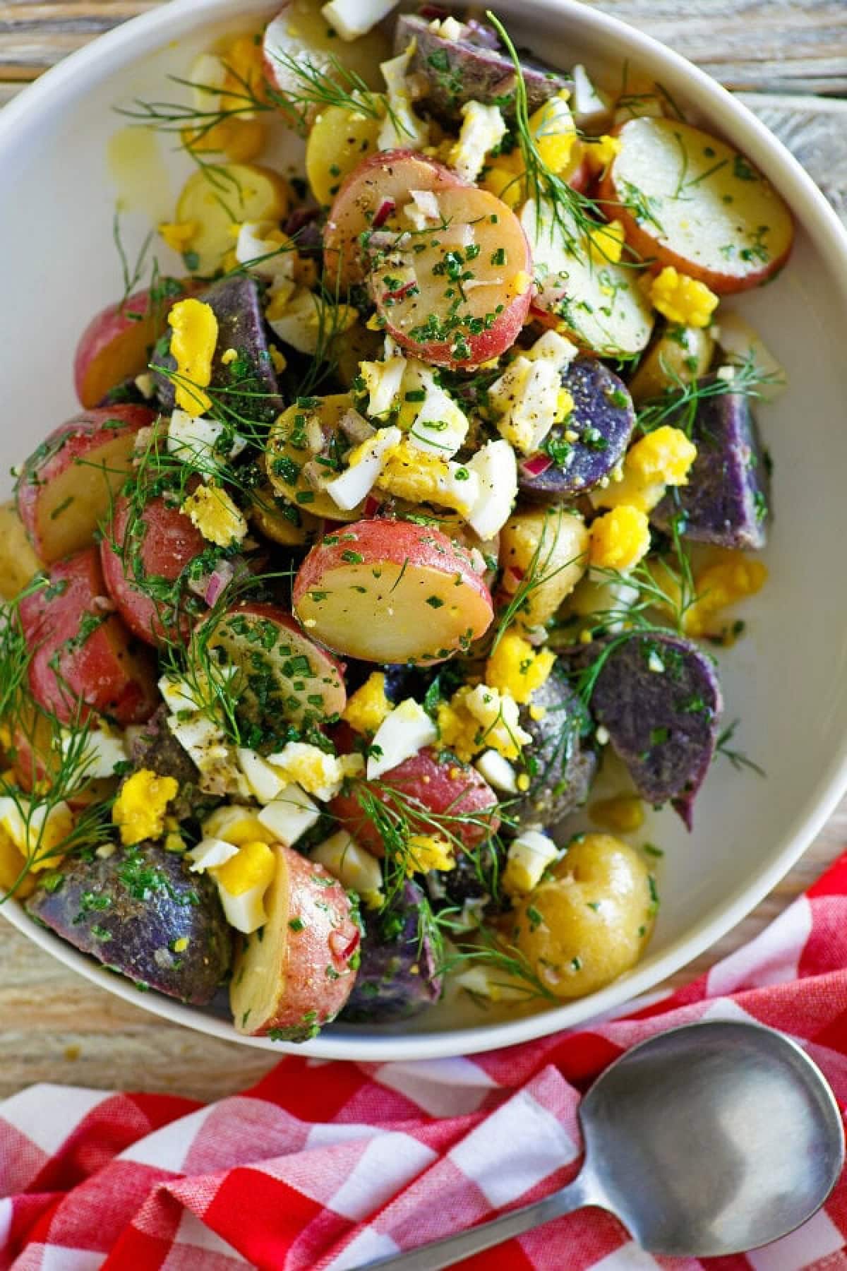 bowl of red white and blue potato salad